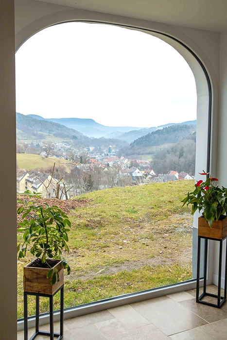 Grande baie vitrée offrant une vue lumineuse sur la nature environnante