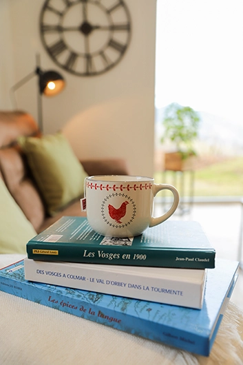 Salon cosy du gîte avec décoration chaleureuse et ambiance détente